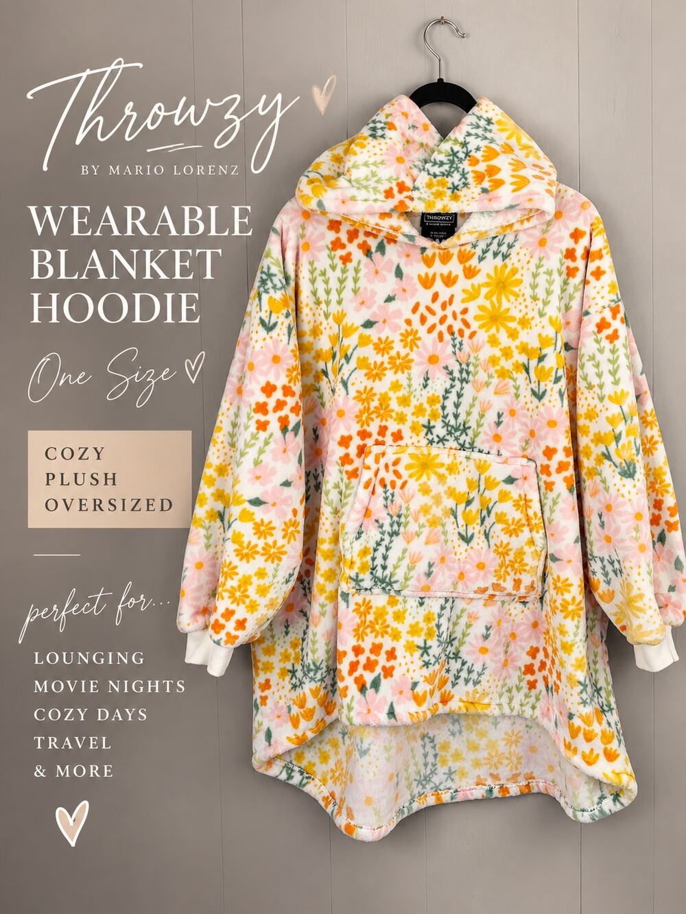 Throwzy by Mario Lorenz One Size Floral Oversized Hoodie Blanket Winter Cozy